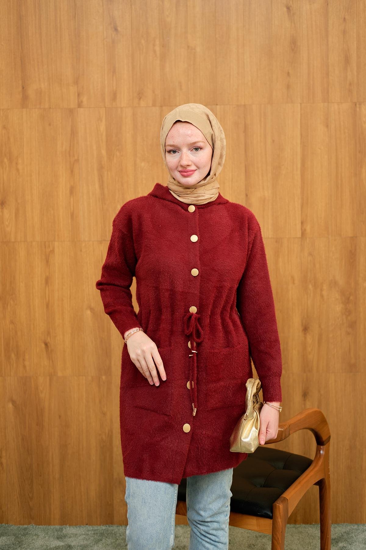 Kapüşonlu Triko Hırka Bordo