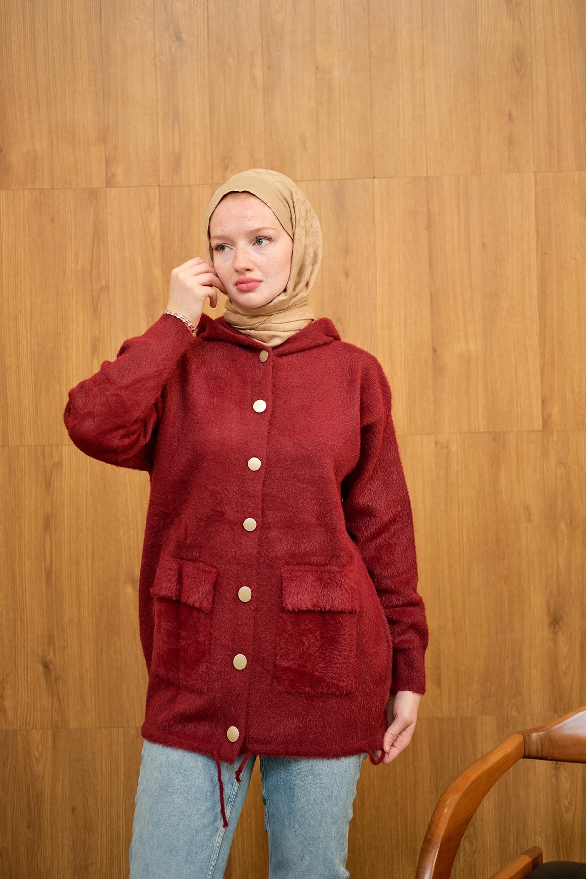 Kapüşonlu Triko Hırka Bordo