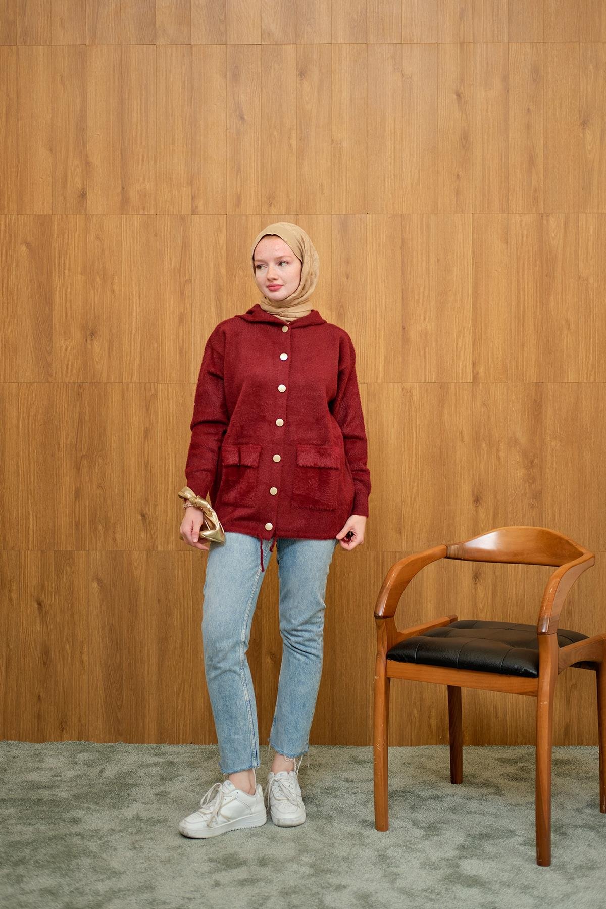 Kapüşonlu Triko Hırka Bordo