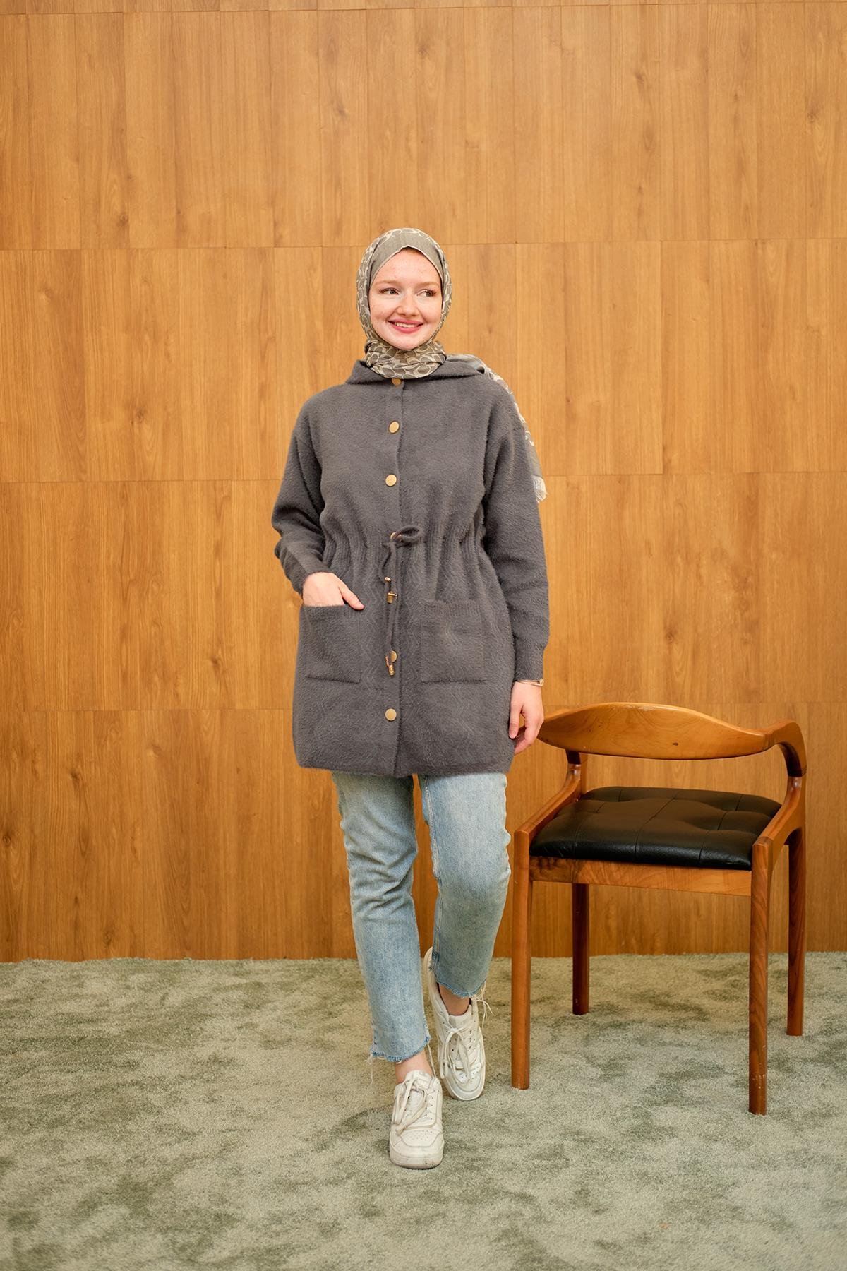 Kapüşonlu Triko Hırka Füme