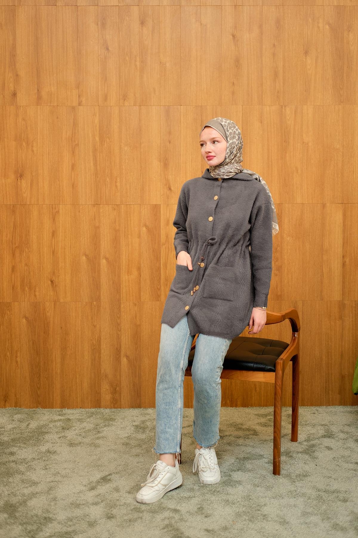 Kapüşonlu Triko Hırka Füme