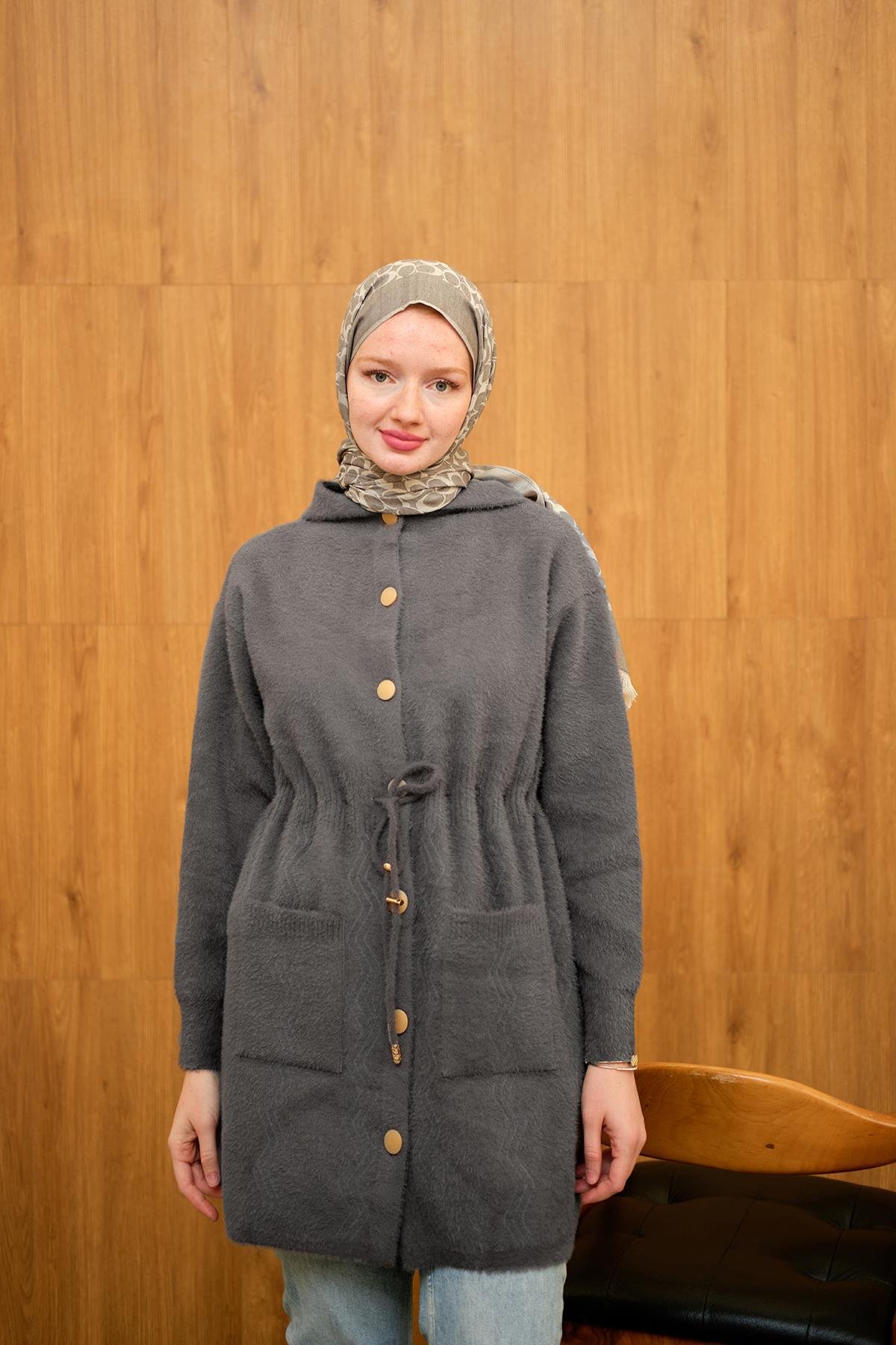 Kapüşonlu Triko Hırka Füme