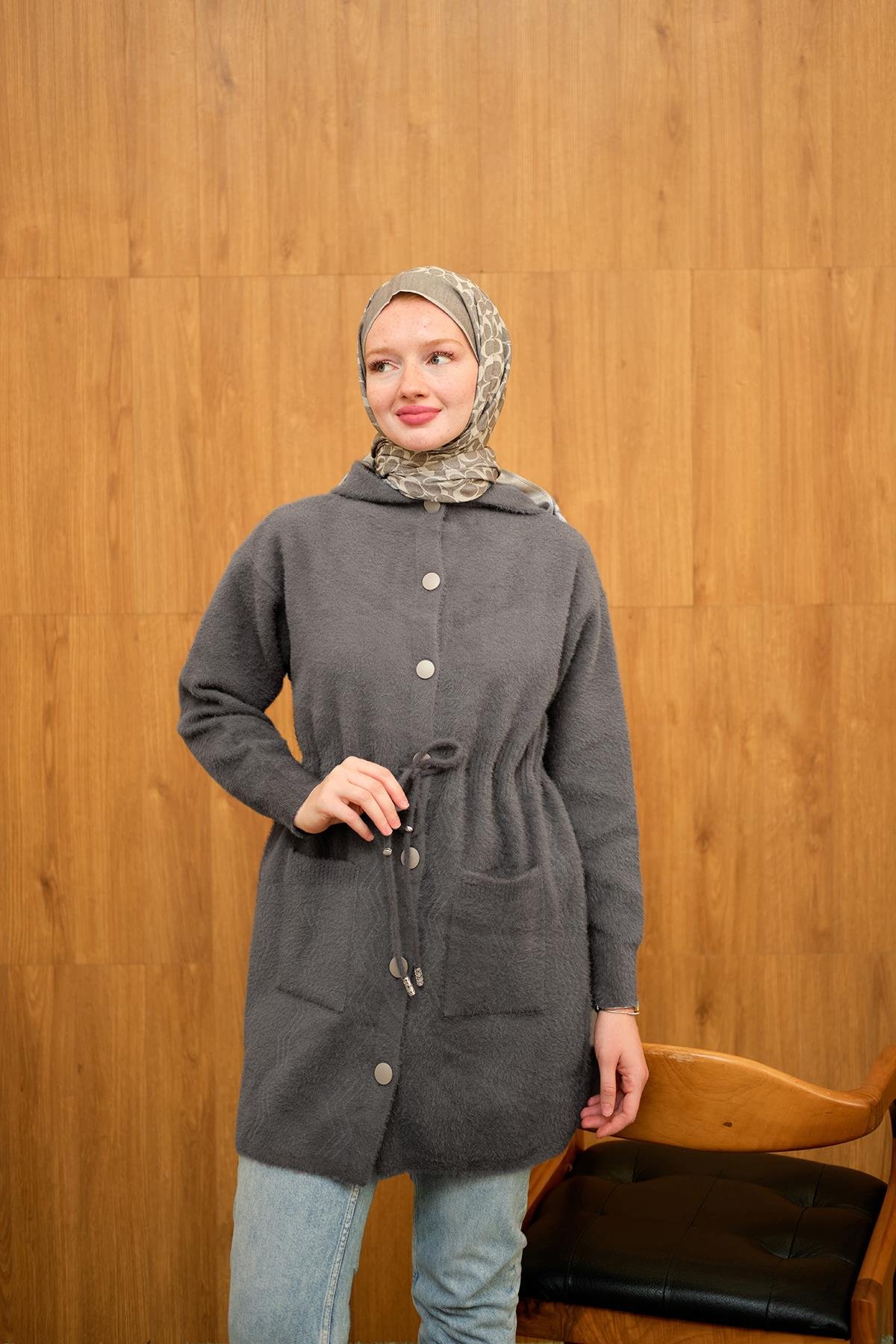 Kapüşonlu Triko Hırka Füme