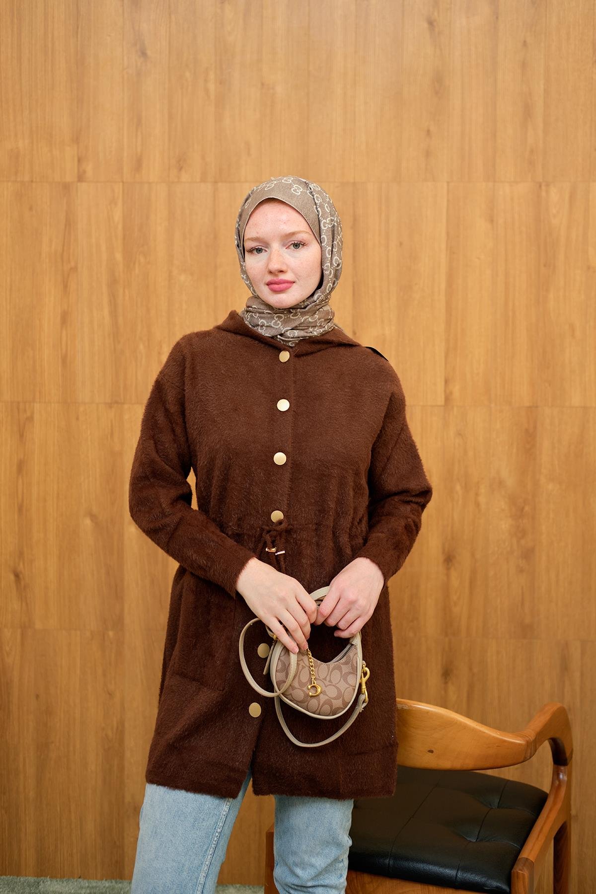 Kapüşonlu Triko Hırka Kahverengi