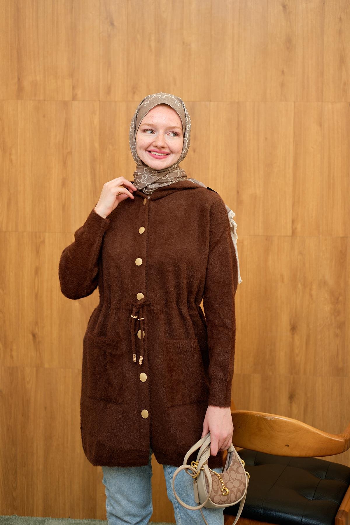 Kapüşonlu Triko Hırka Kahverengi