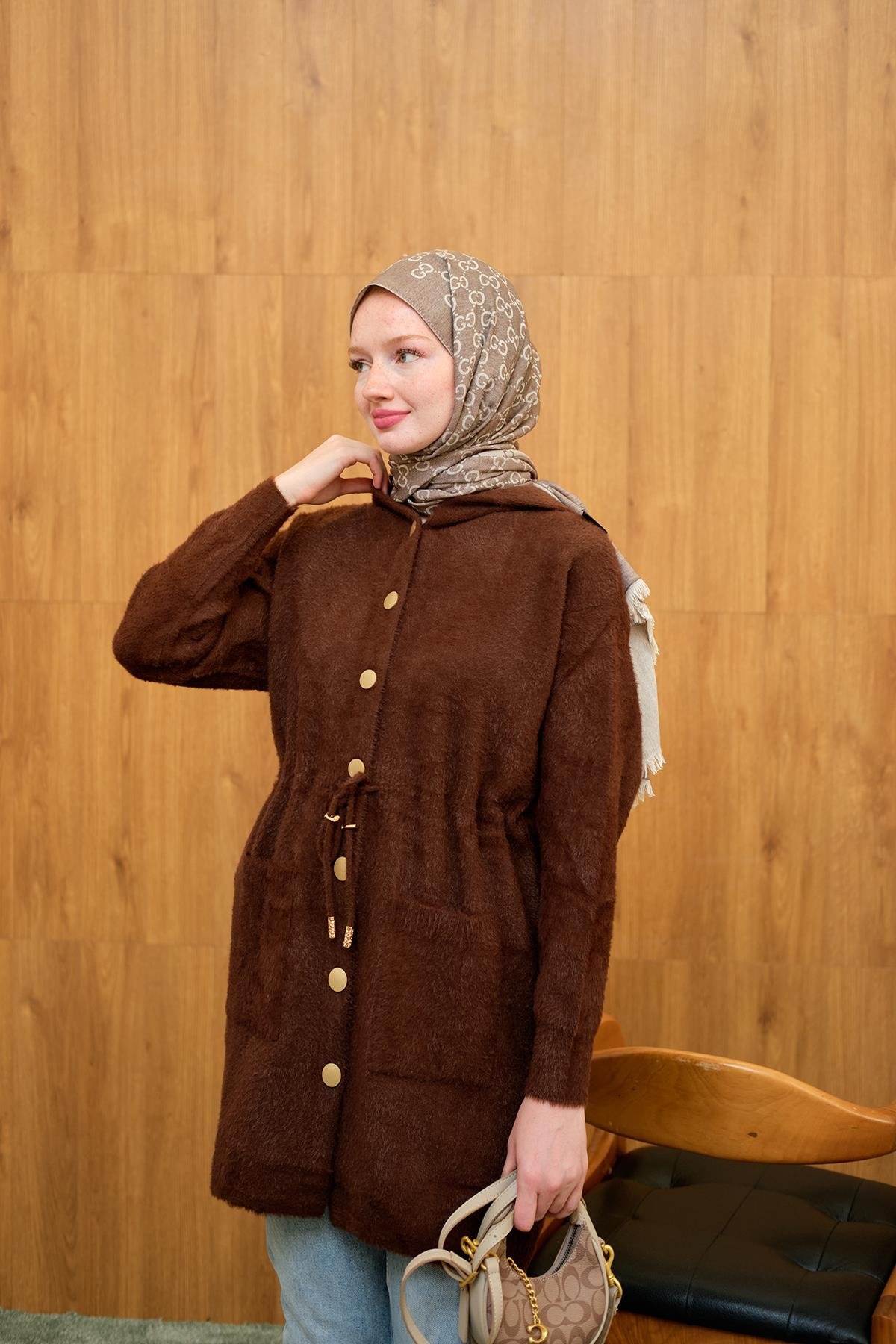 Kapüşonlu Triko Hırka Kahverengi