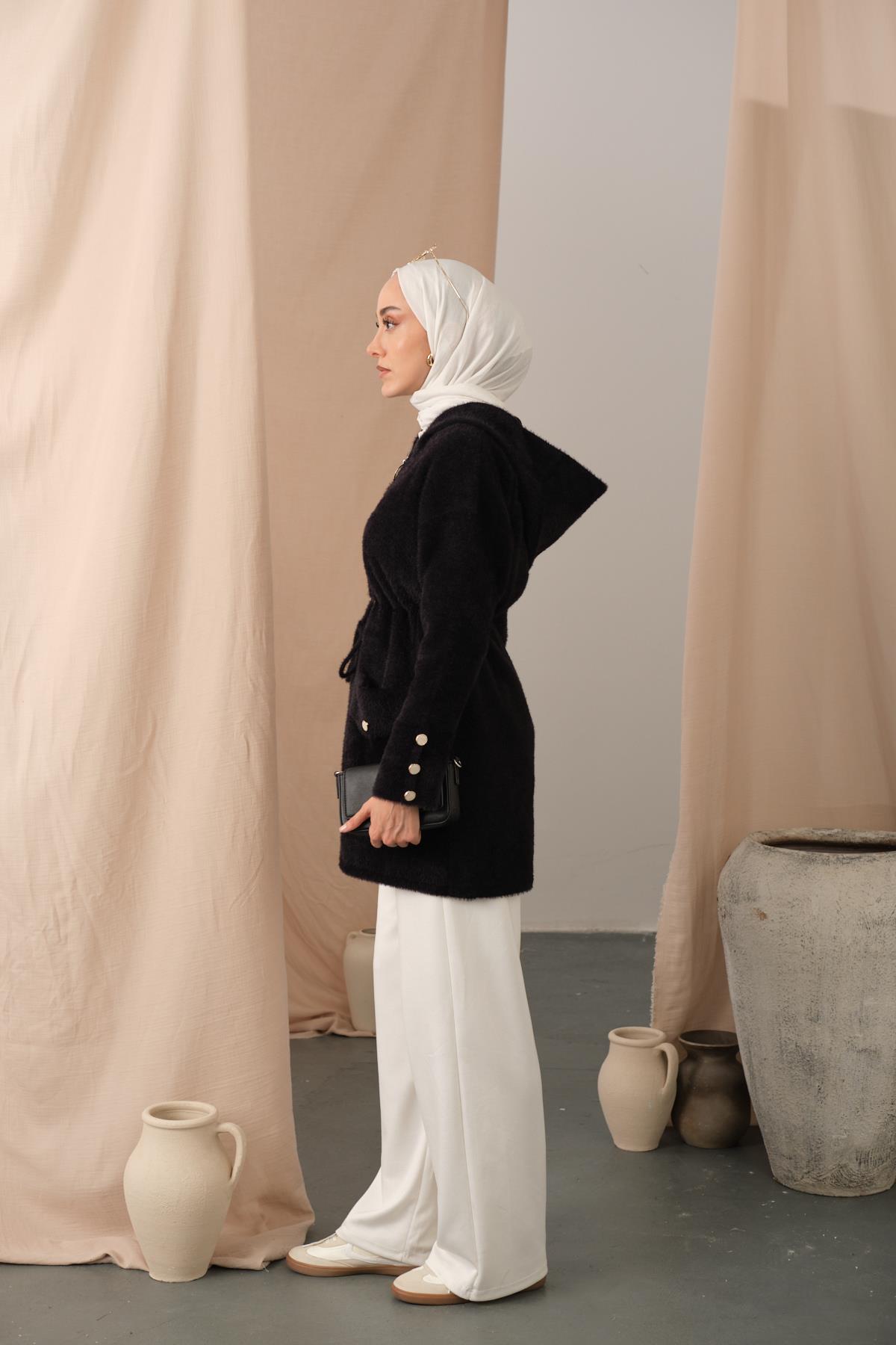 Kapüşonlu Triko Hırka Siyah