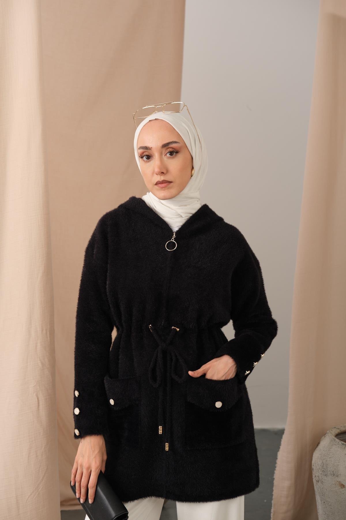 Kapüşonlu Triko Hırka Siyah