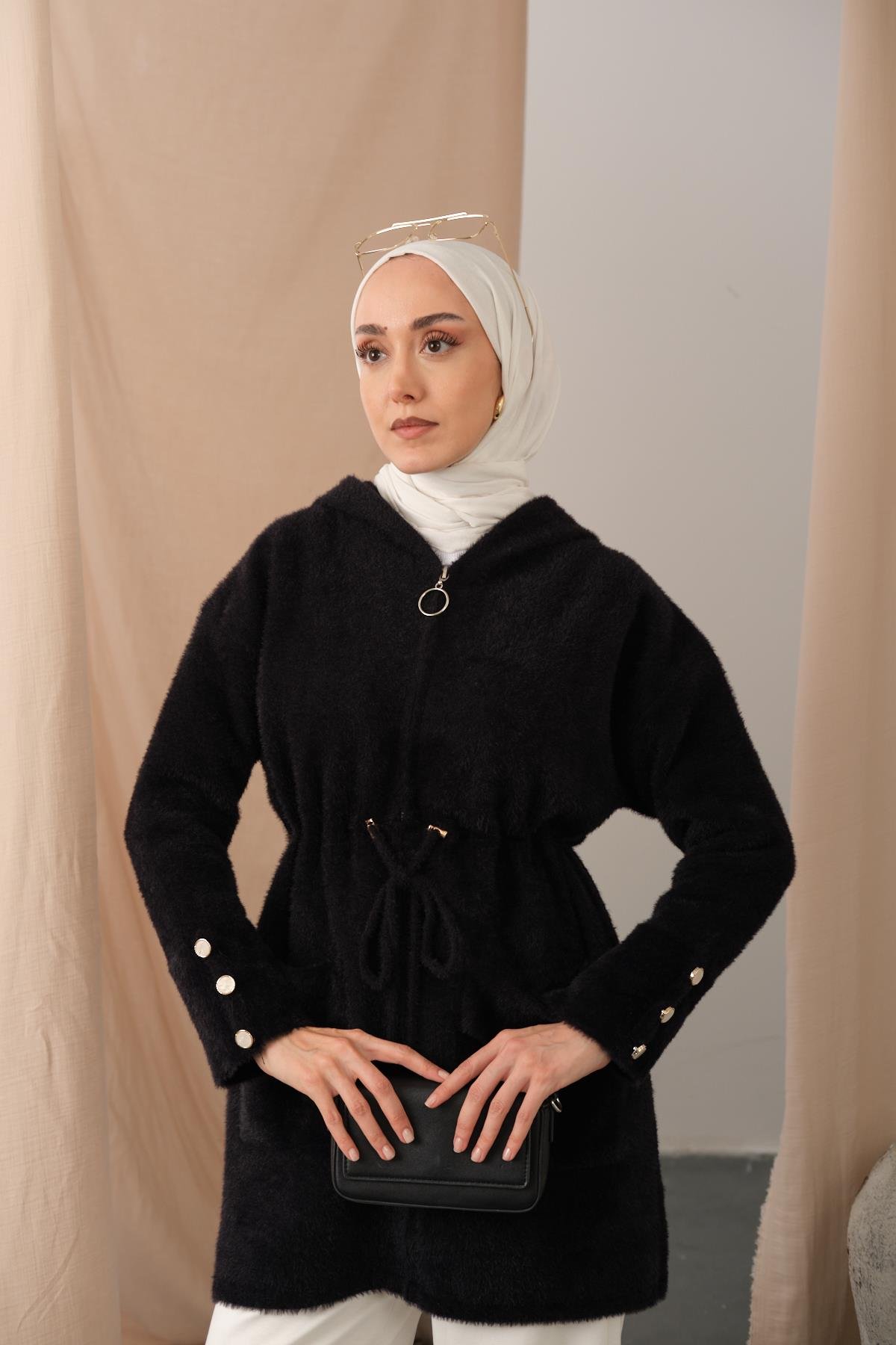 Kapüşonlu Triko Hırka Siyah