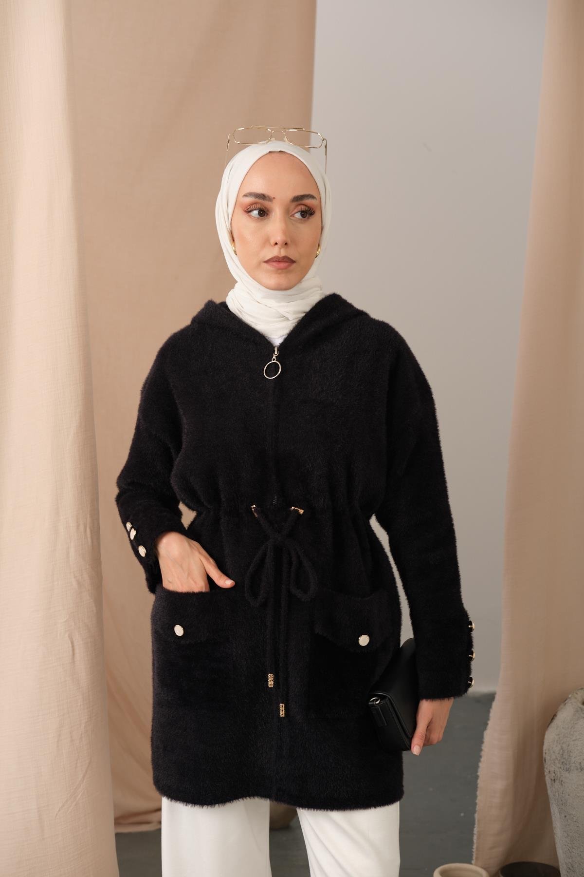 Kapüşonlu Triko Hırka Siyah