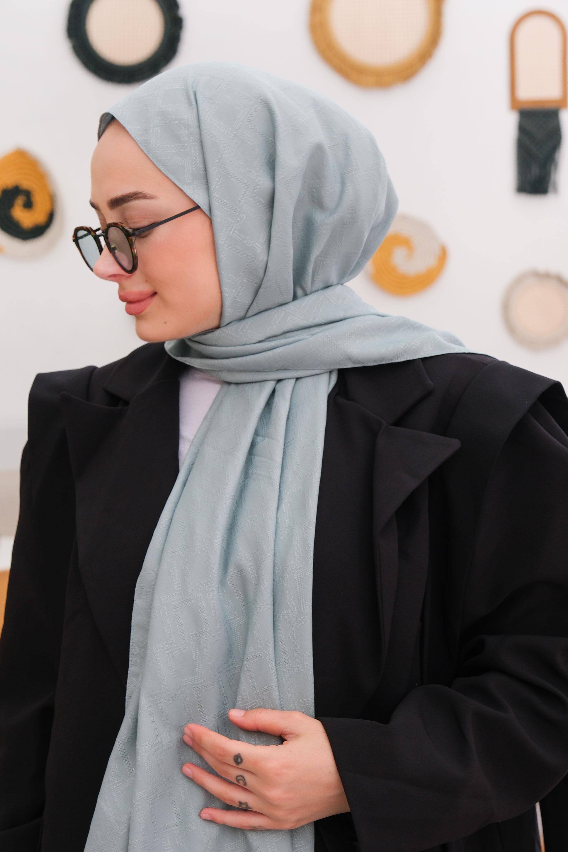 Kare Desen Jakar Şal Mint Yeşil