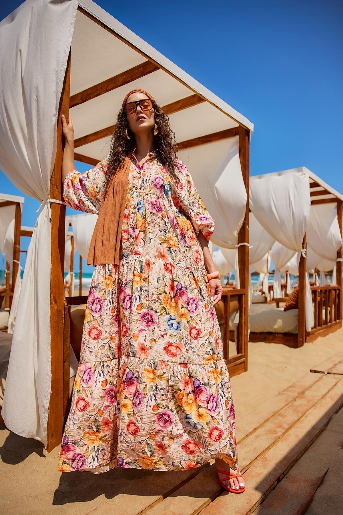 Karışık Çiçek Desen Elbise Krem