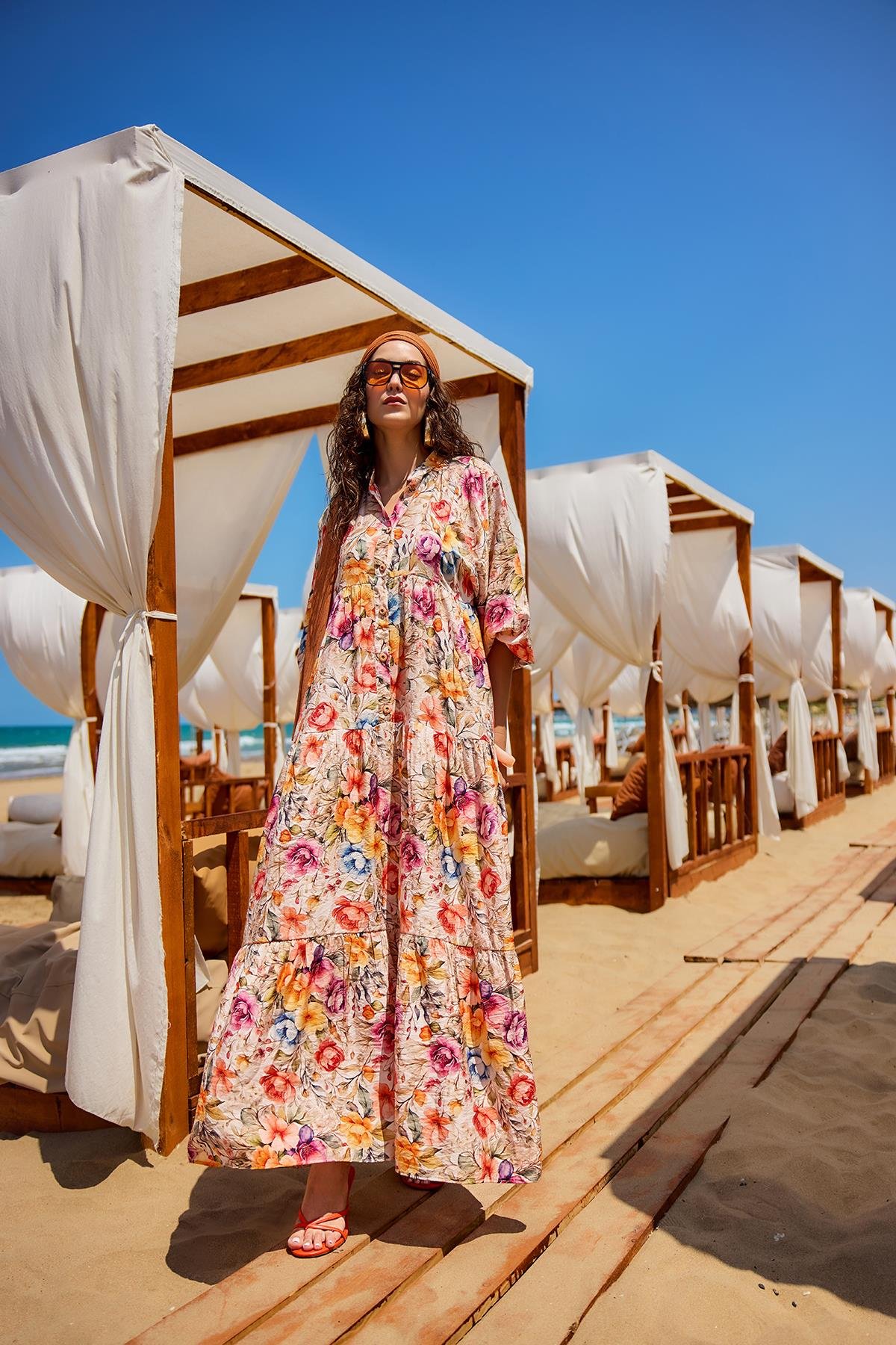 Karışık Çiçek Desen Elbise Krem