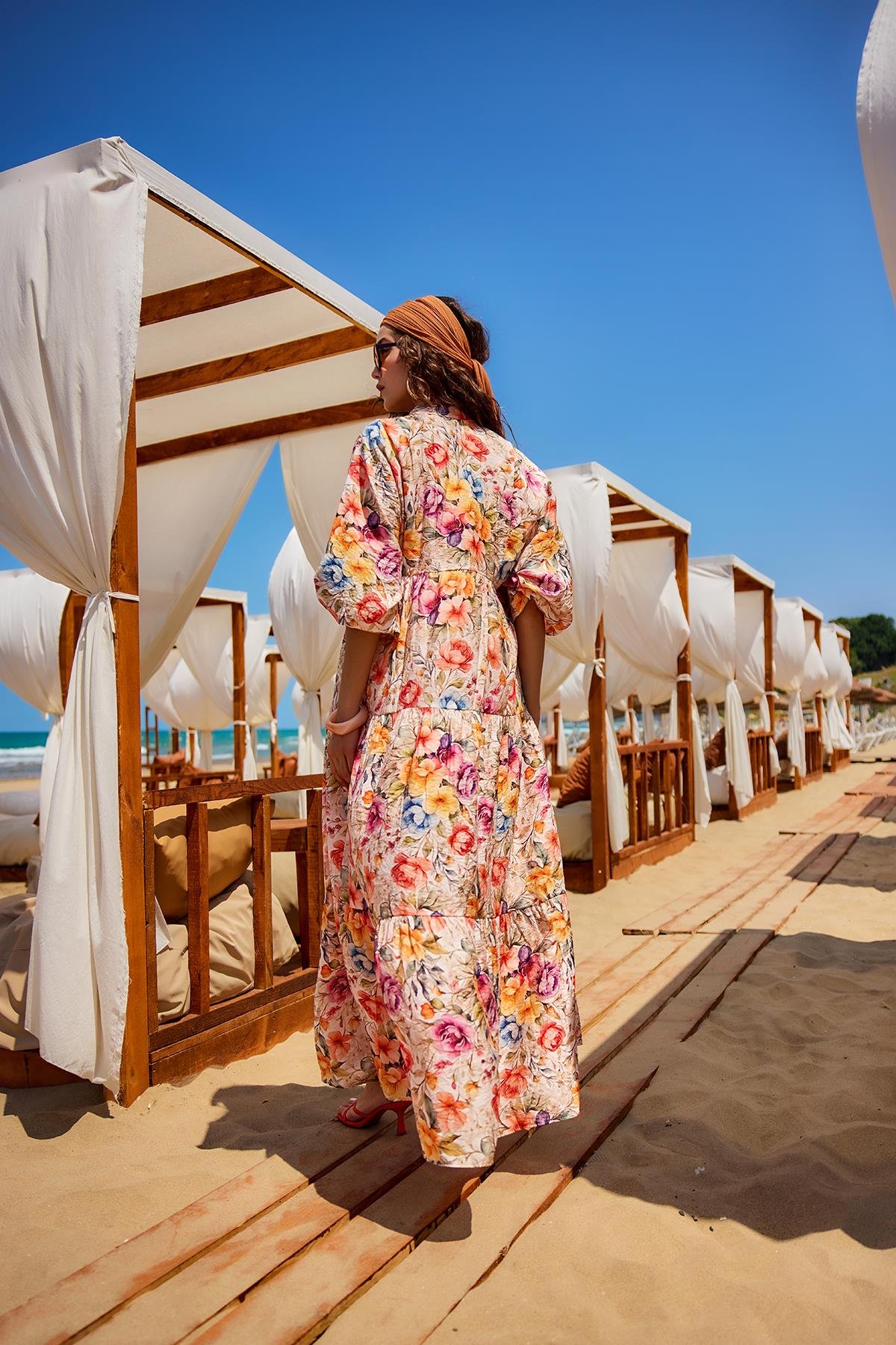 Karışık Çiçek Desen Elbise Krem