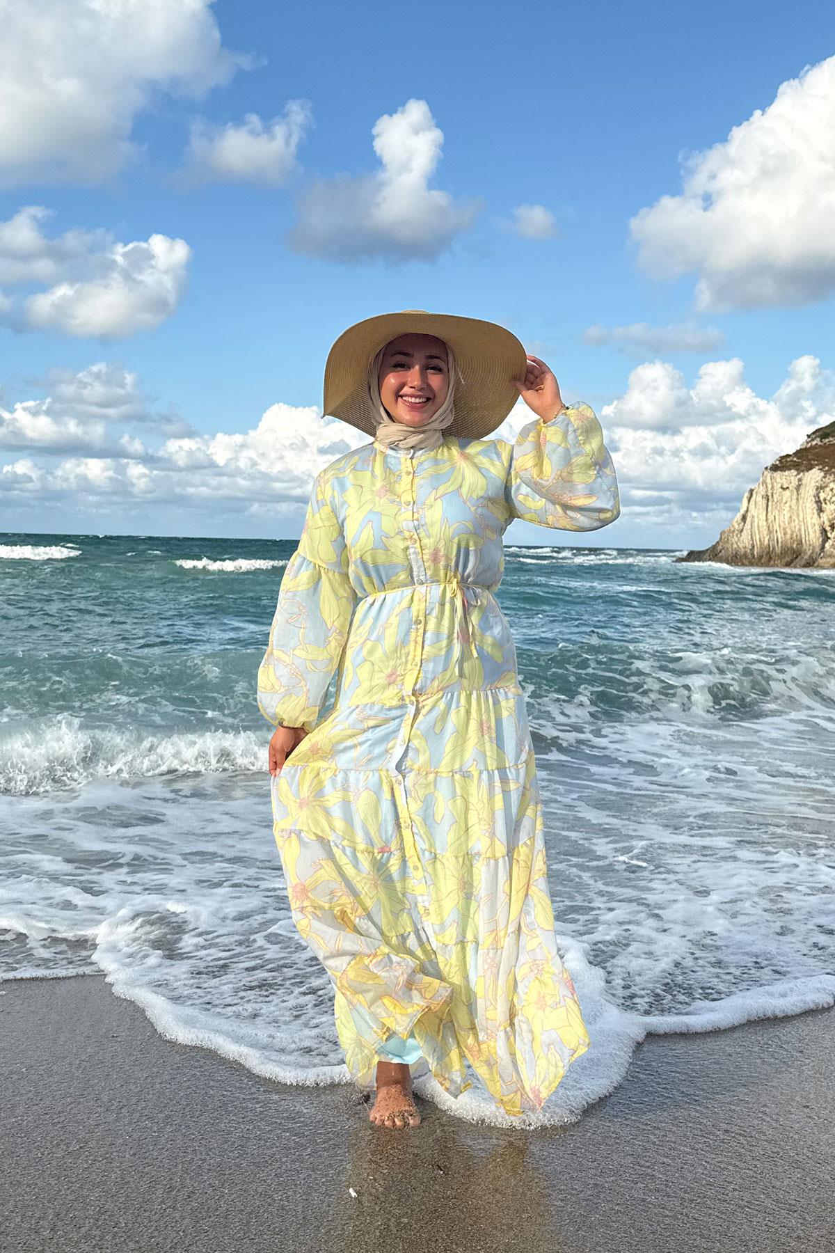 Karışık Çiçek Desen Elbise Mavi