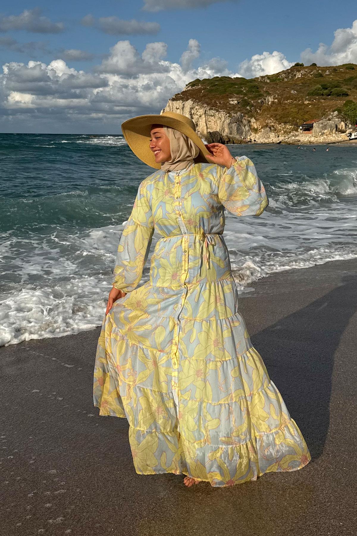 Karışık Çiçek Desen Elbise Mavi