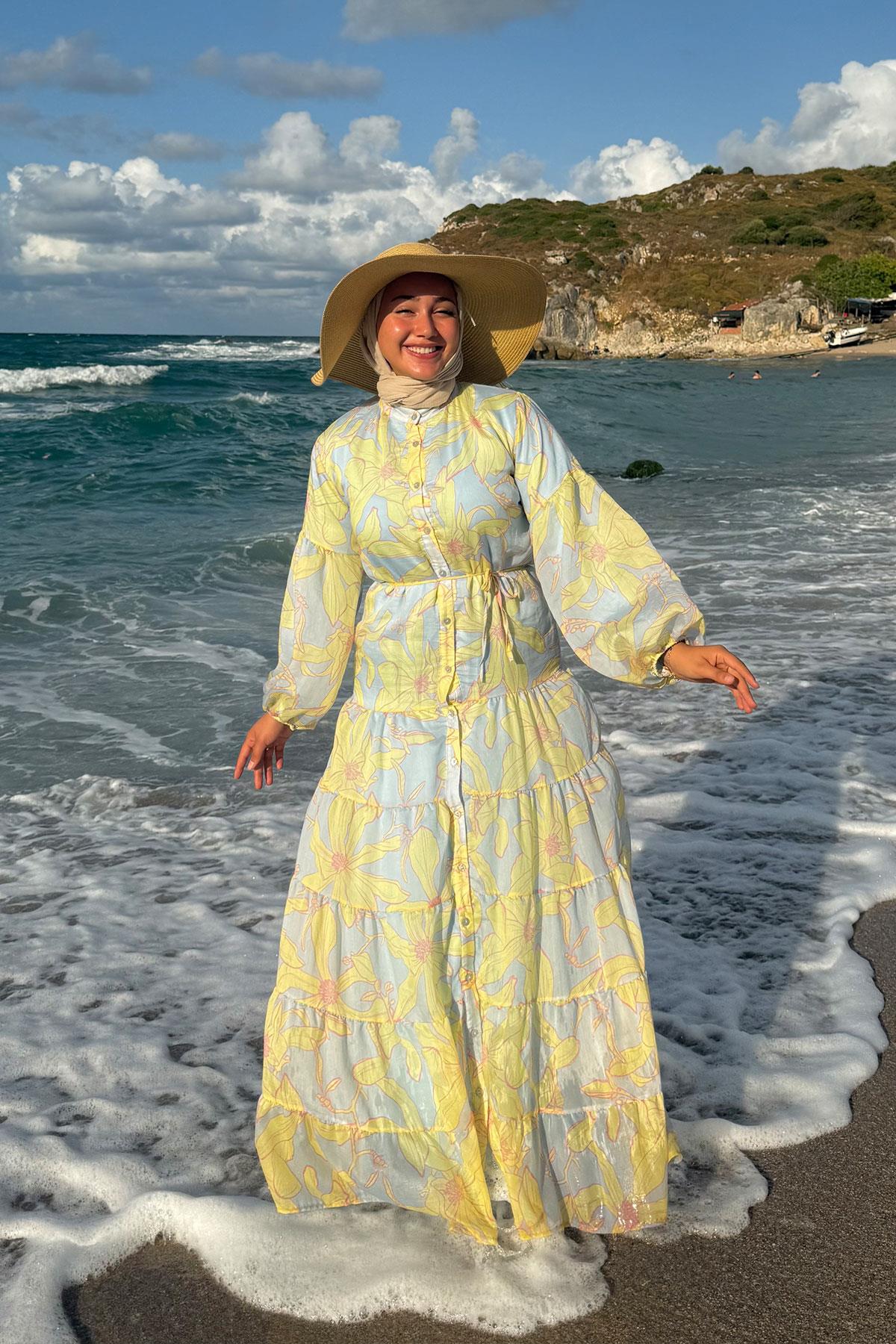 Karışık Çiçek Desen Elbise Mavi