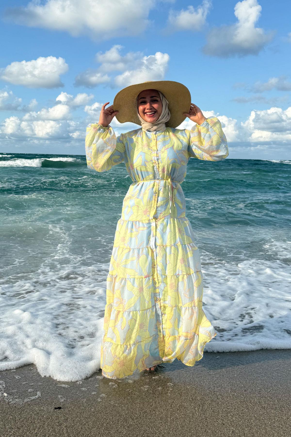 Karışık Çiçek Desen Elbise Mavi