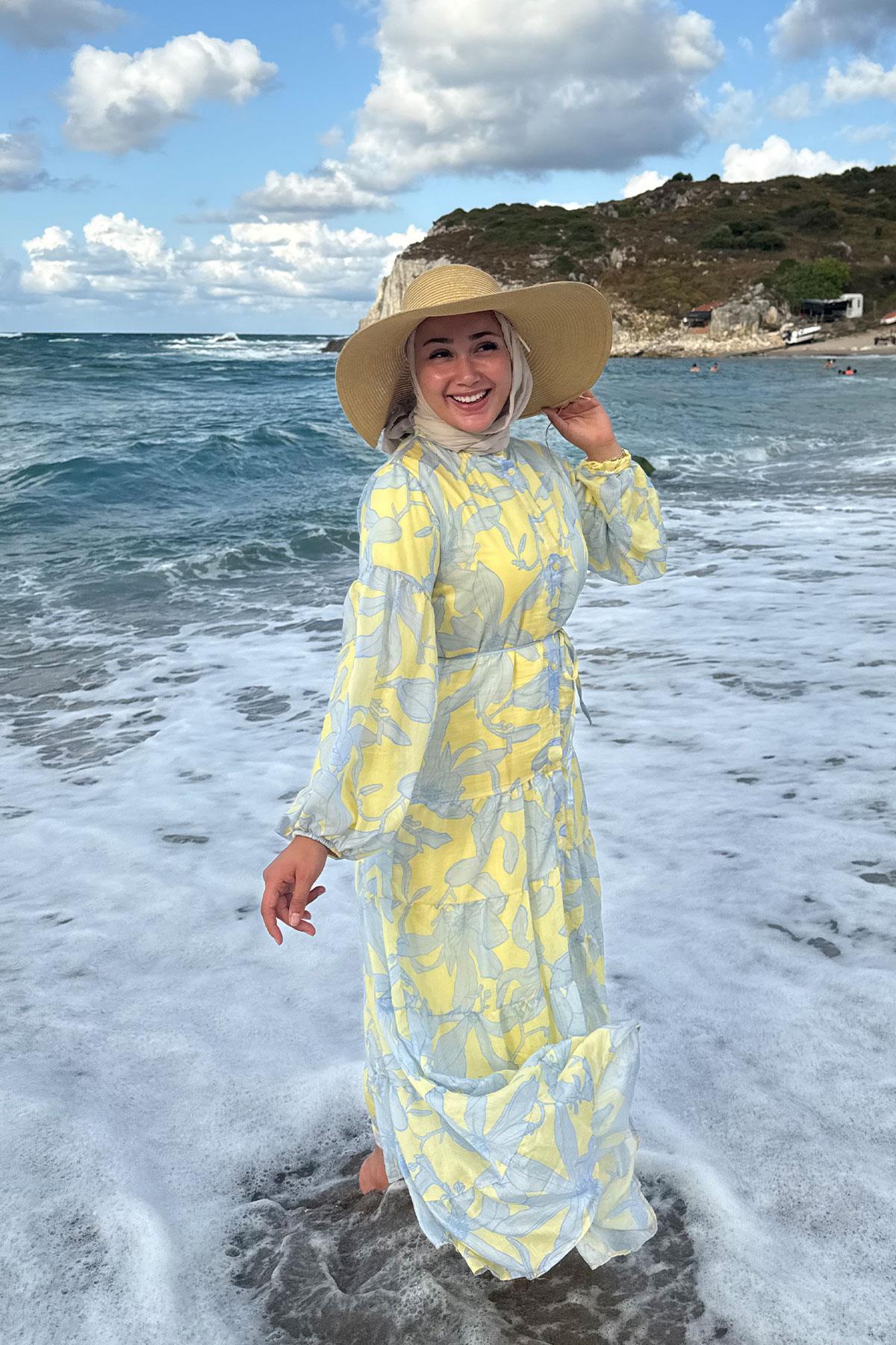 Karışık Çiçek Desen Elbise Sarı