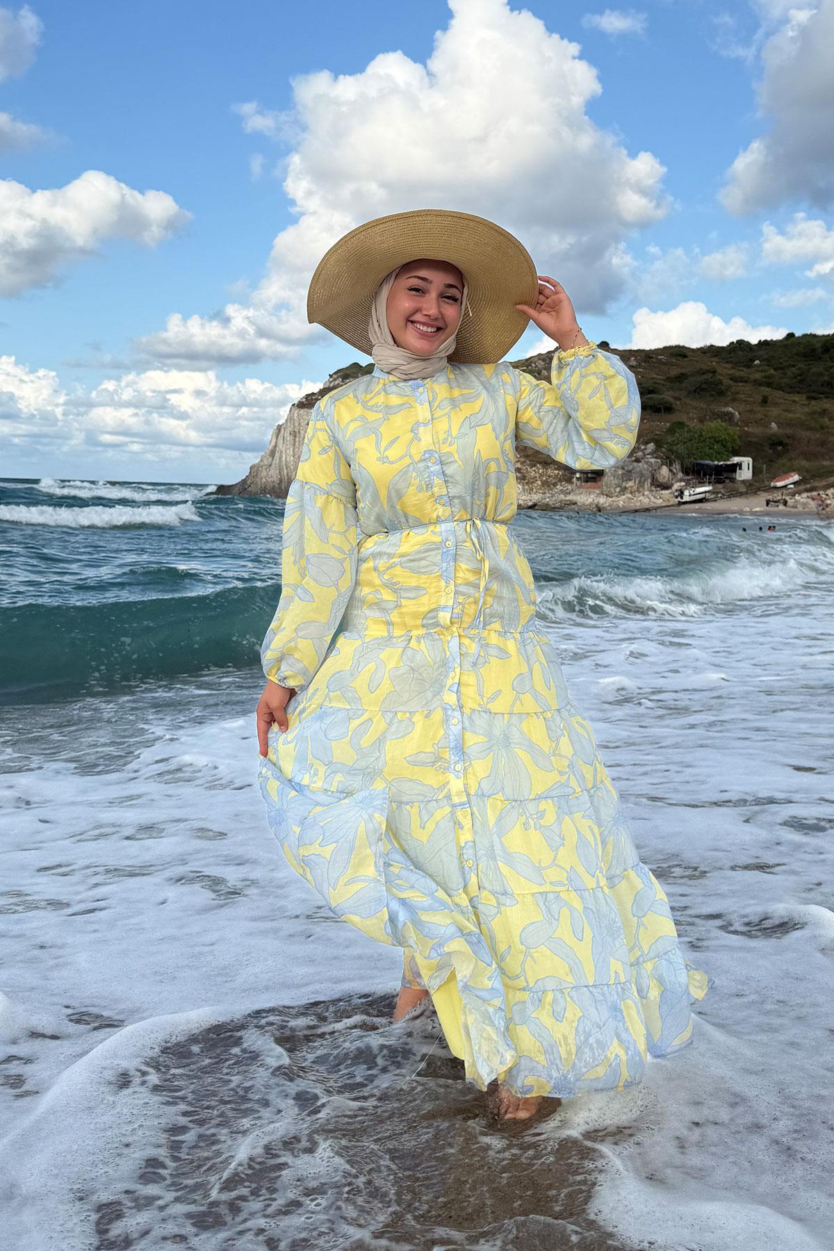 Karışık Çiçek Desen Elbise Sarı