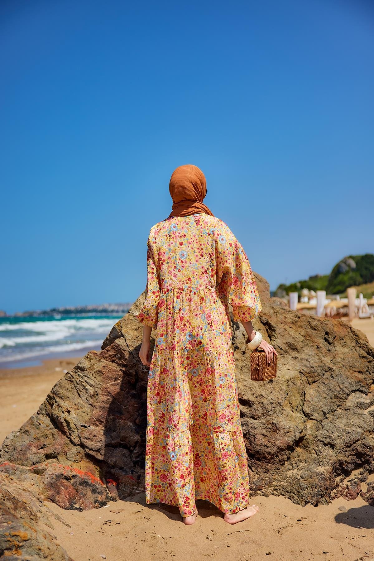 Karışık Çicek Desen Elbise Sarı