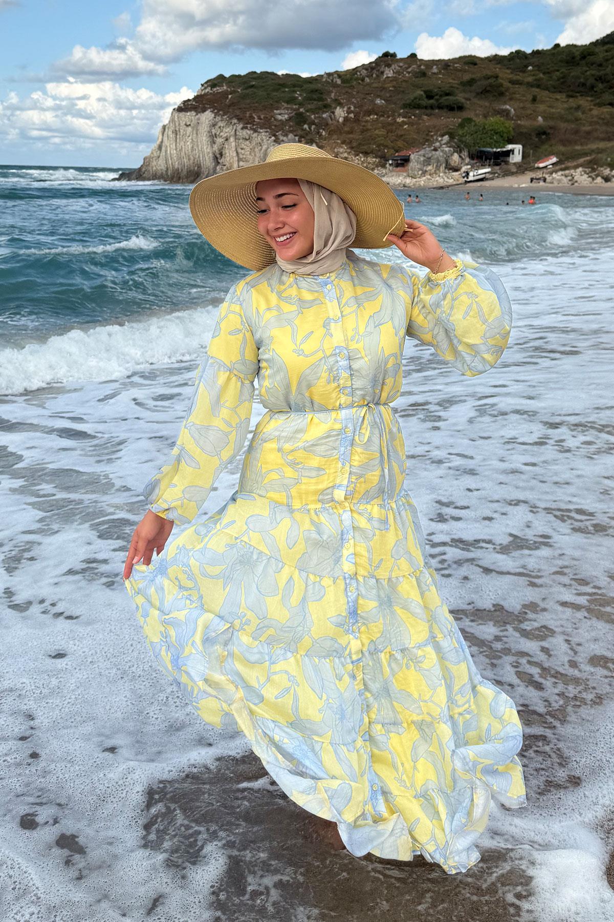 Karışık Çiçek Desen Elbise Sarı