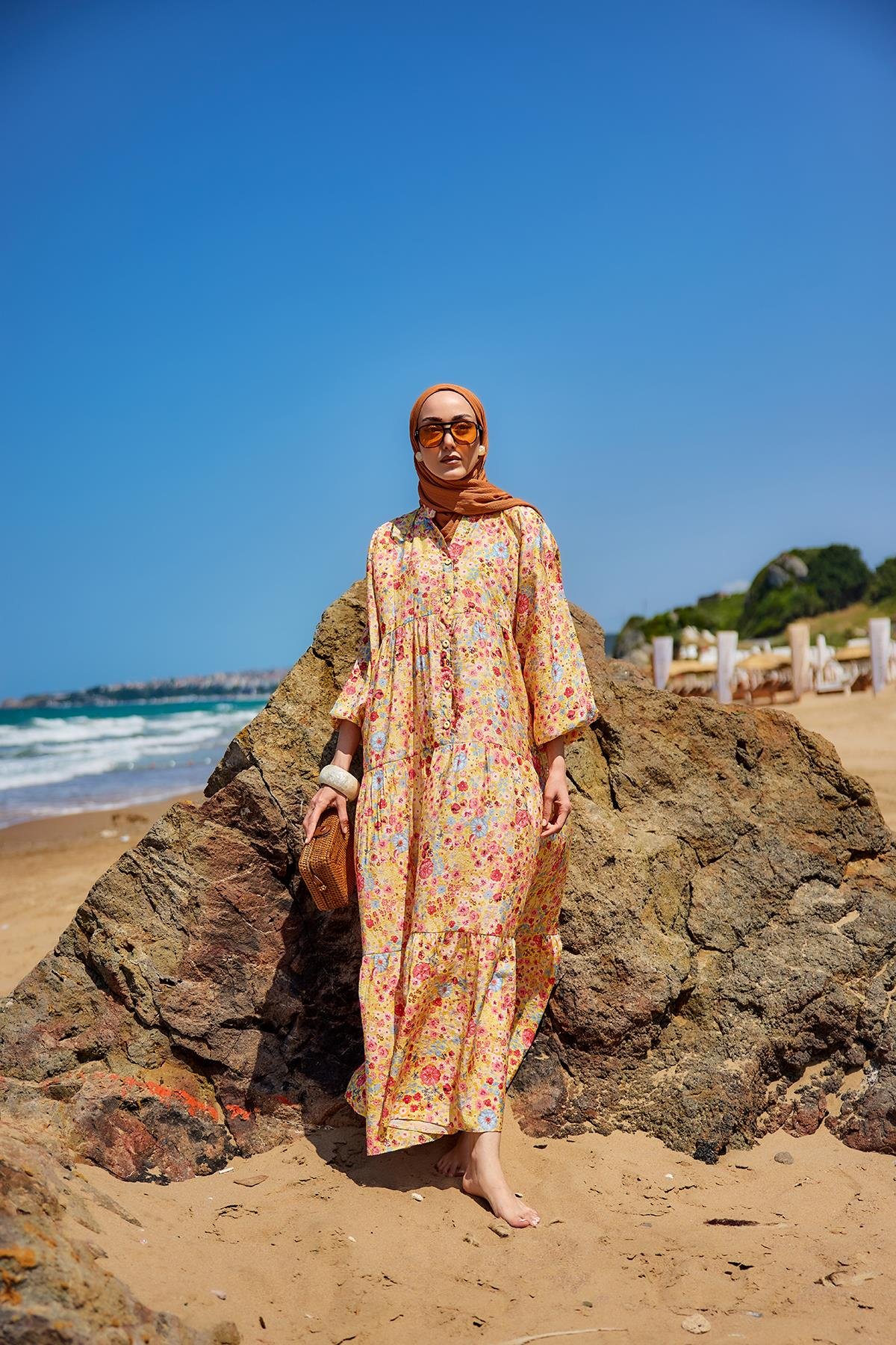 Karışık Çicek Desen Elbise Sarı