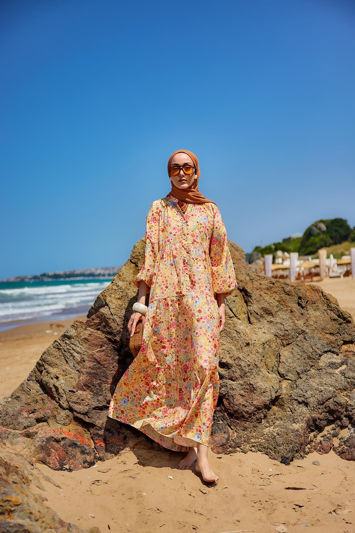 Karışık Çicek Desen Elbise Sarı