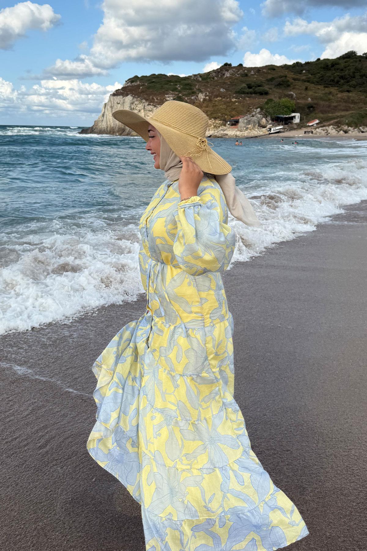 Karışık Çiçek Desen Elbise Sarı