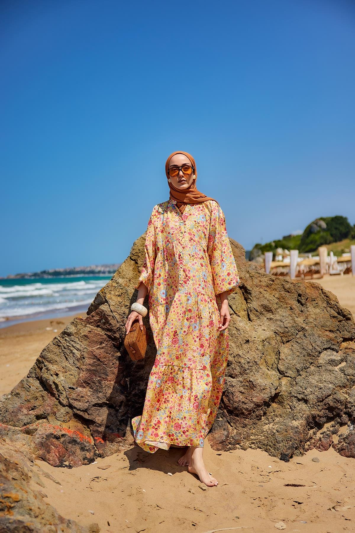 Karışık Çicek Desen Elbise Sarı