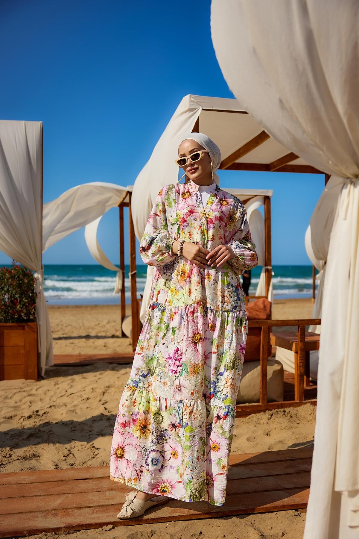 Karışık Çicek Desenli Elbise Pembe