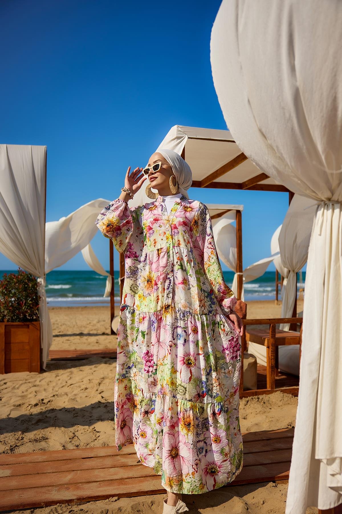 Karışık Çicek Desenli Elbise Pembe