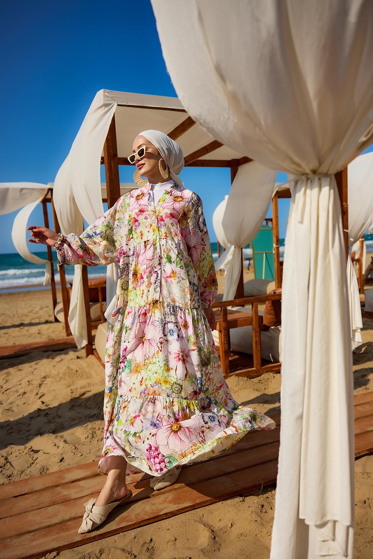 Karışık Çicek Desenli Elbise Pembe