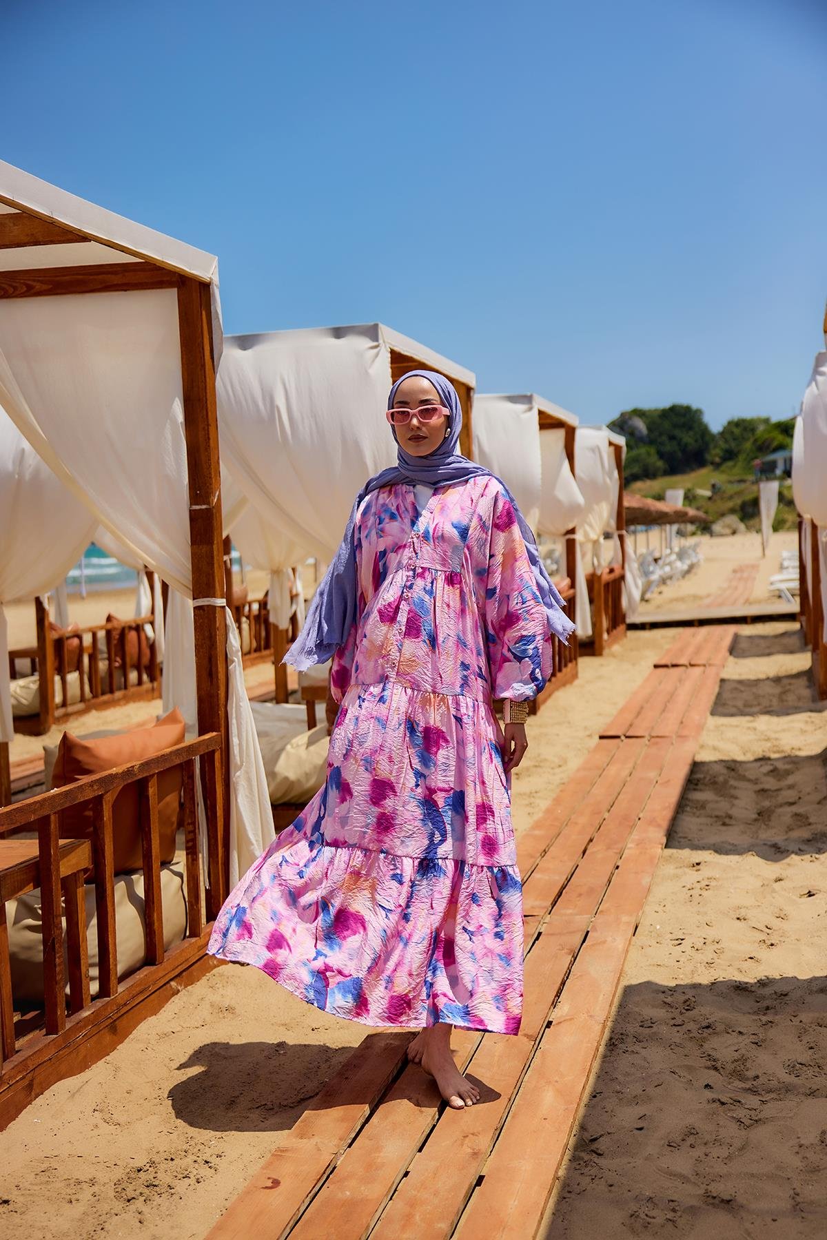 Karışık Desen Elbise Fuşya