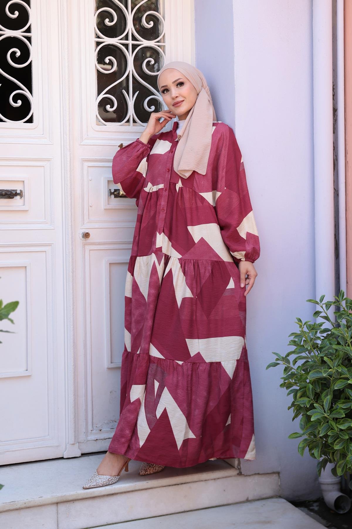 Karışık Desen Elbise Kırmızı