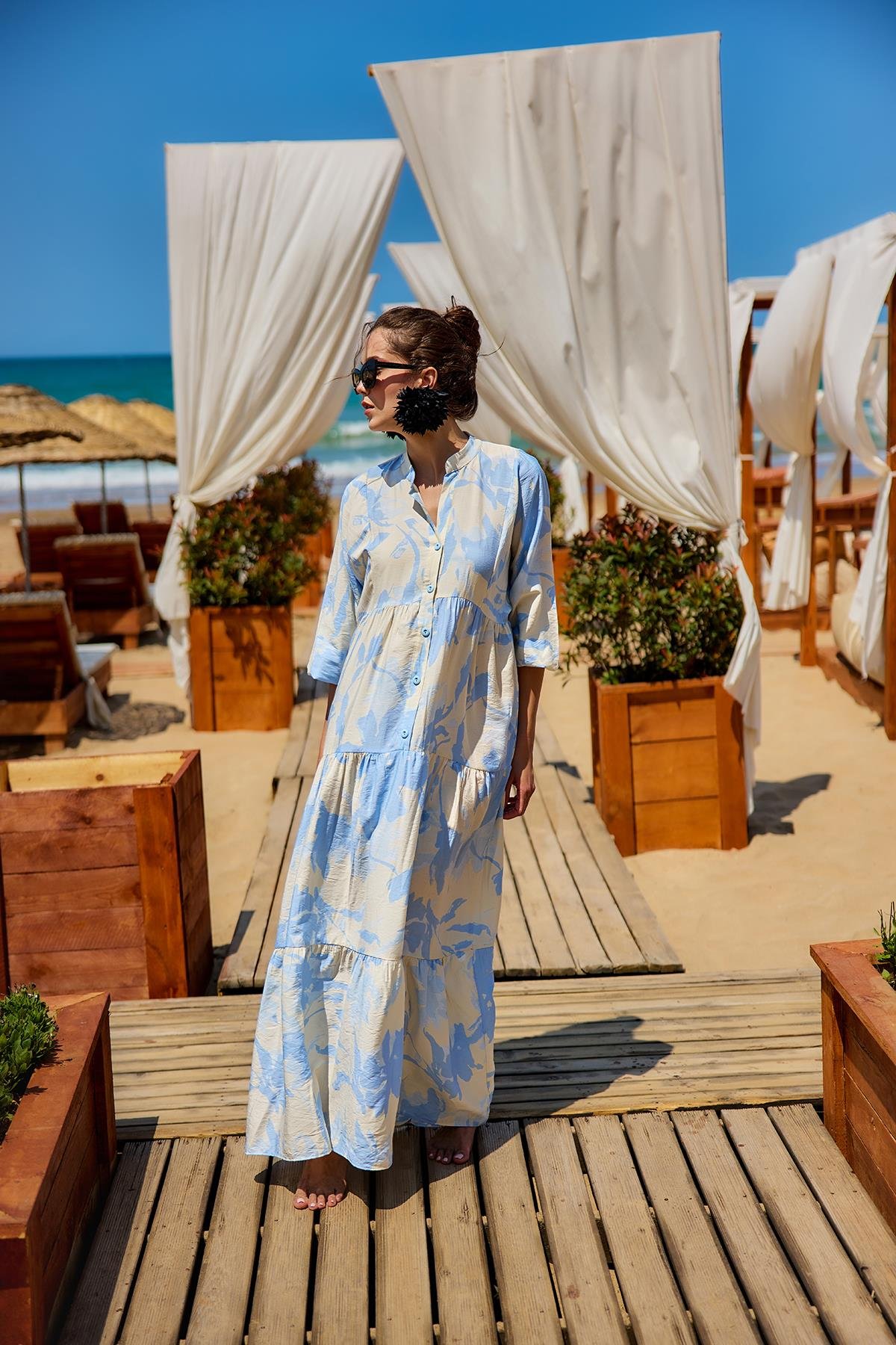 Karışık Desen Elbise Mavi