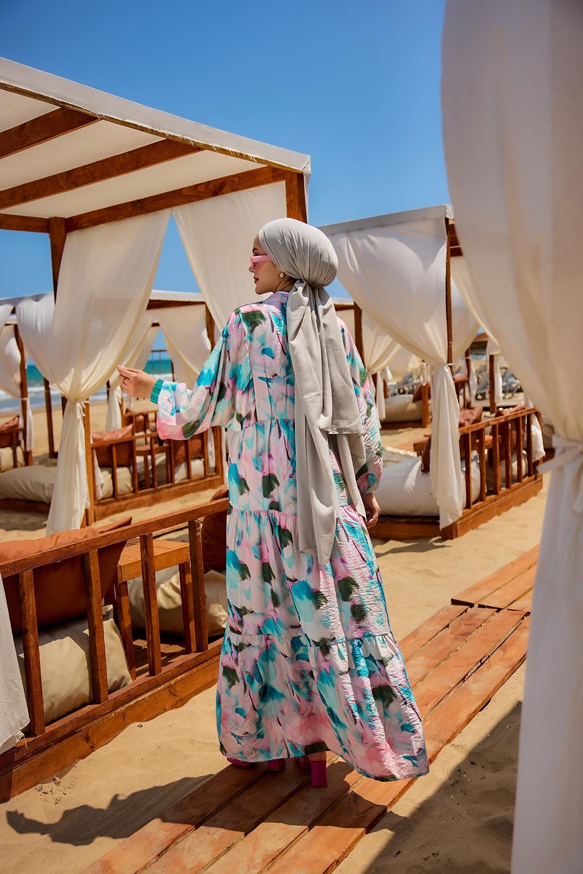 Karışık Desen Elbise Mavi