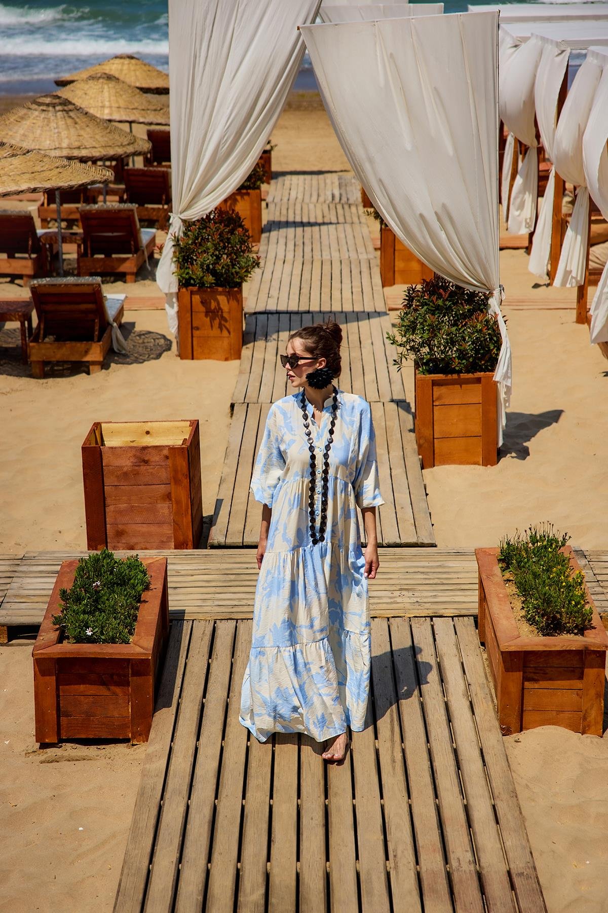 Karışık Desen Elbise Mavi