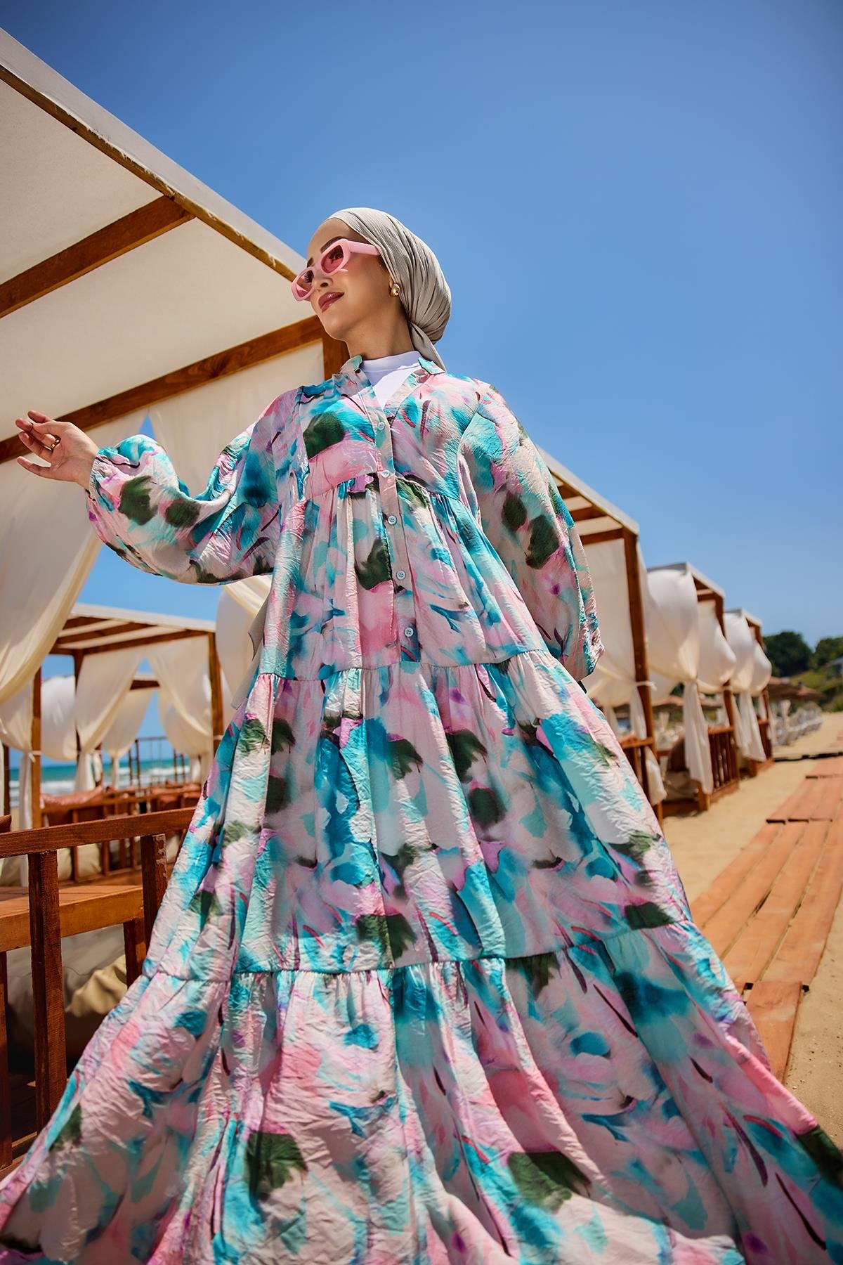 Karışık Desen Elbise Mavi