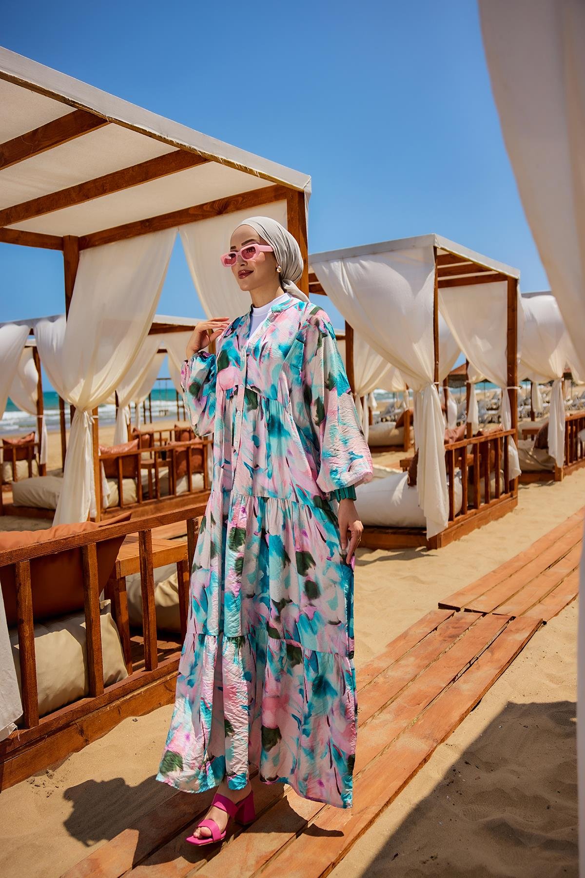 Karışık Desen Elbise Mavi