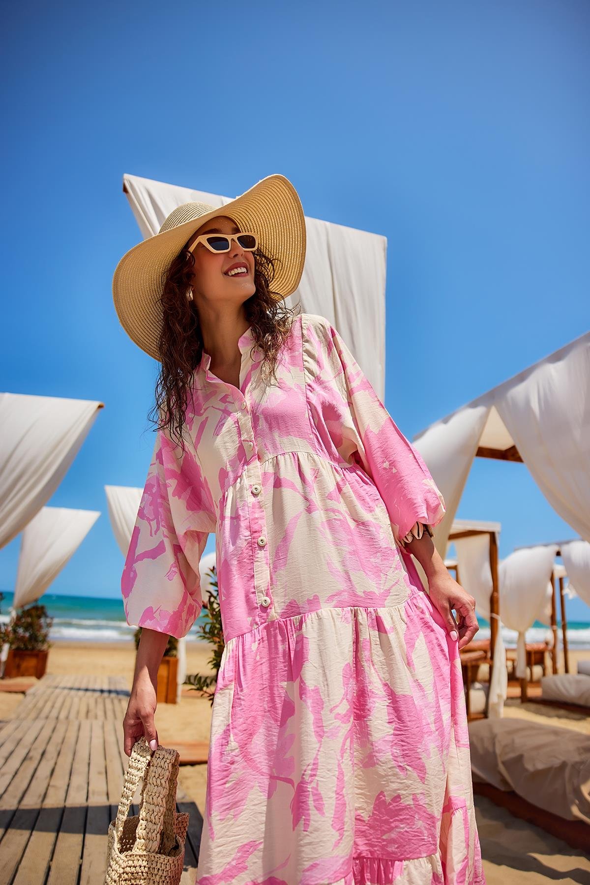 Karışık Desen Elbise Pembe