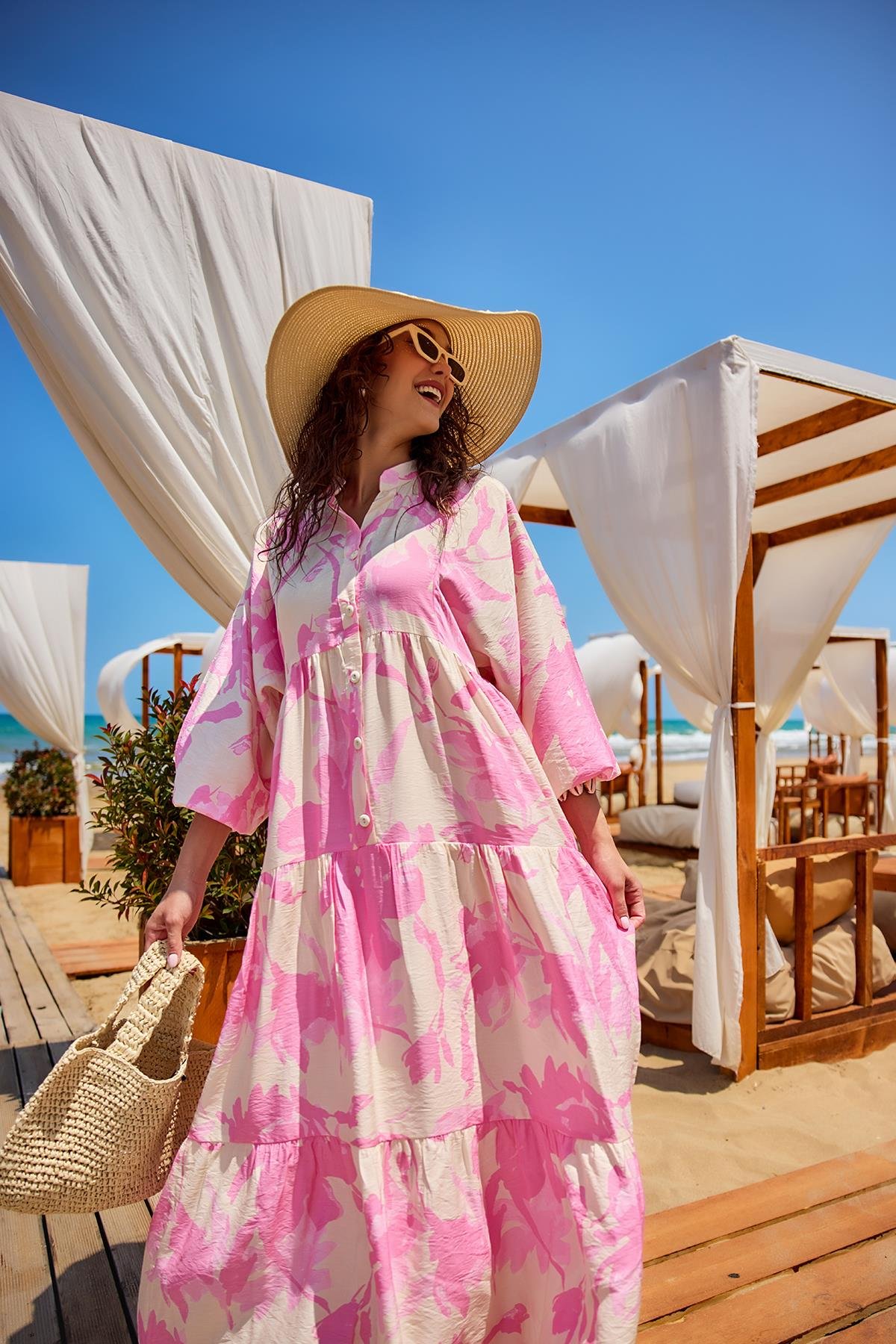 Karışık Desen Elbise Pembe