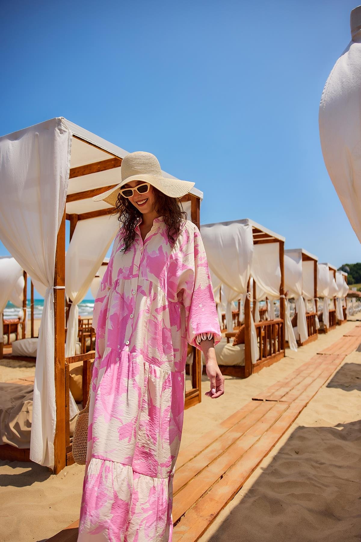 Karışık Desen Elbise Pembe