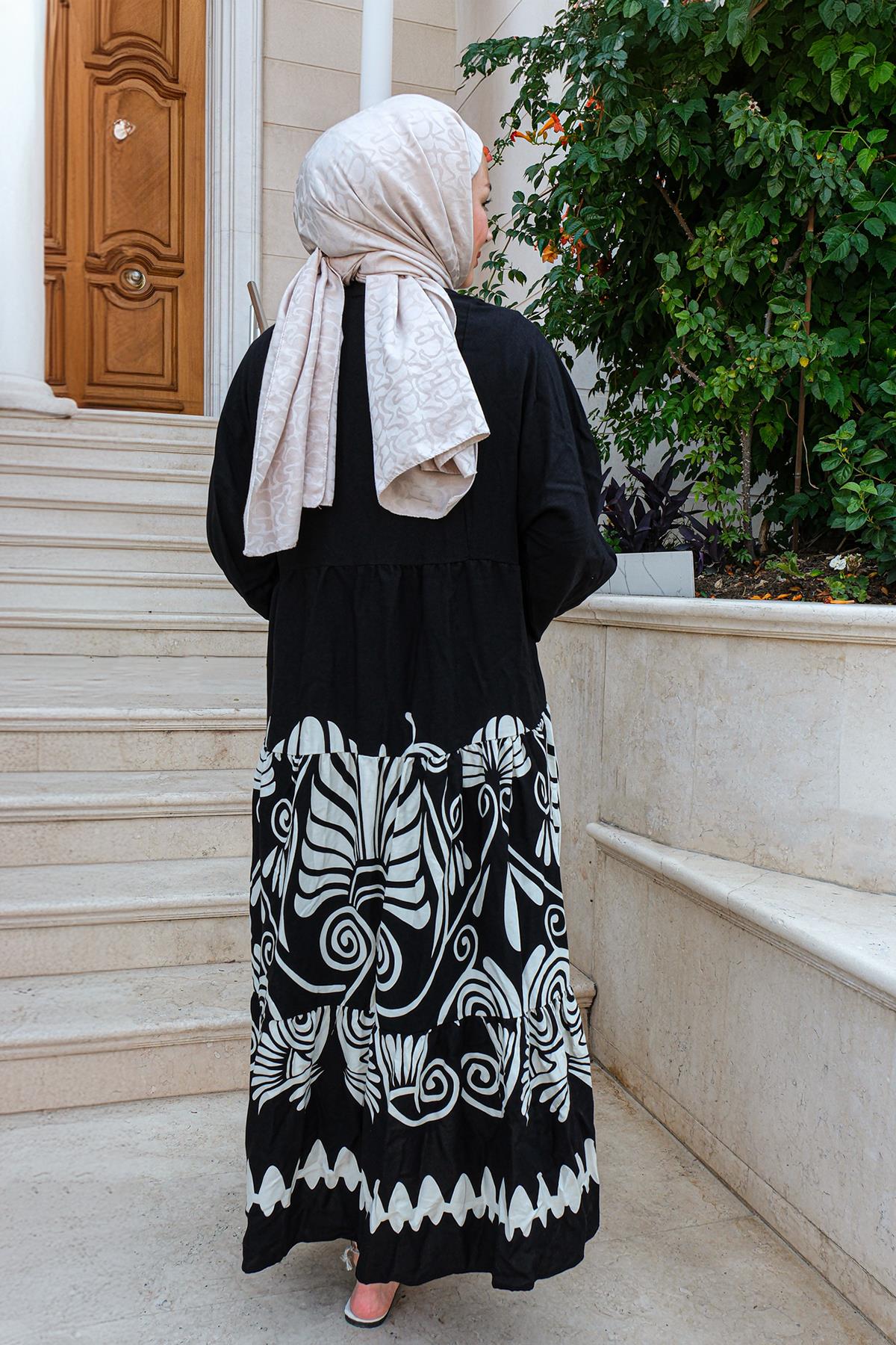 Karışık Desen Elbise Siyah