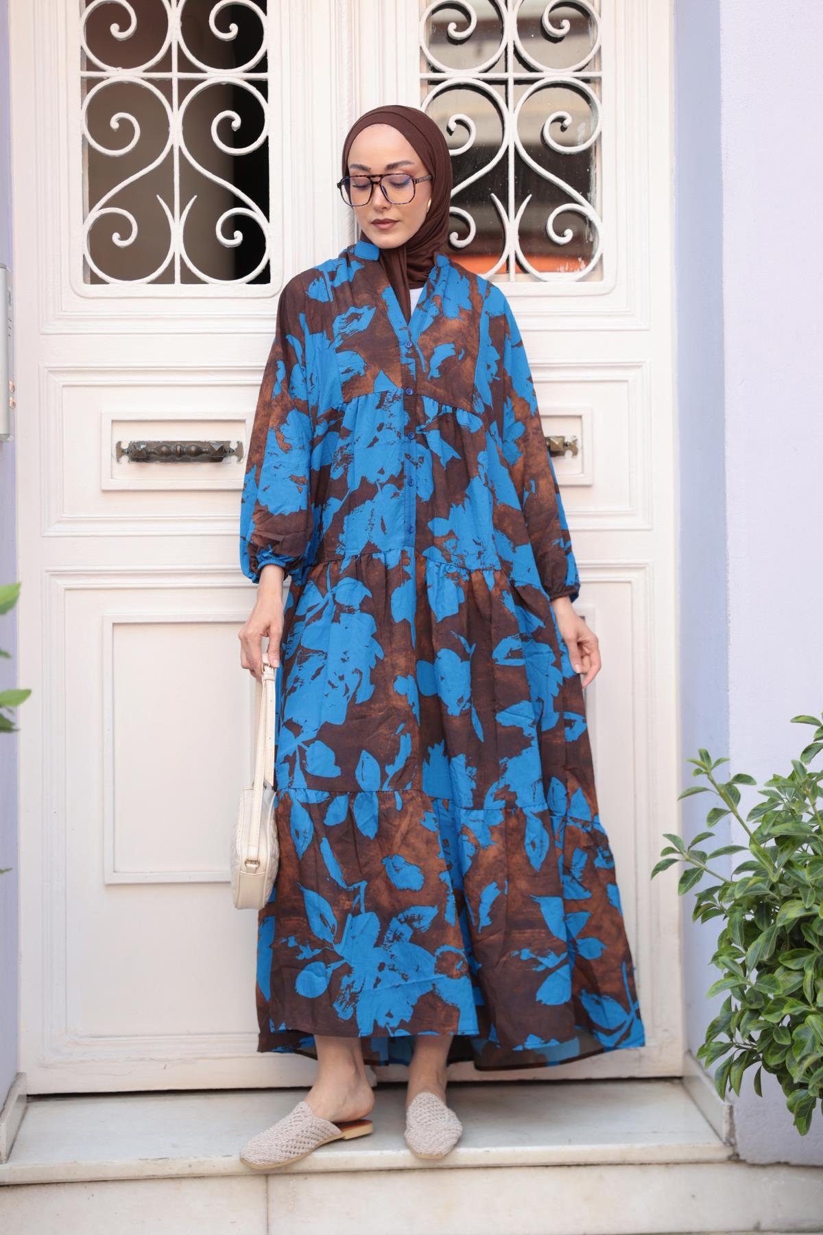 Karışık Yaprak Desen Elbise Mavi