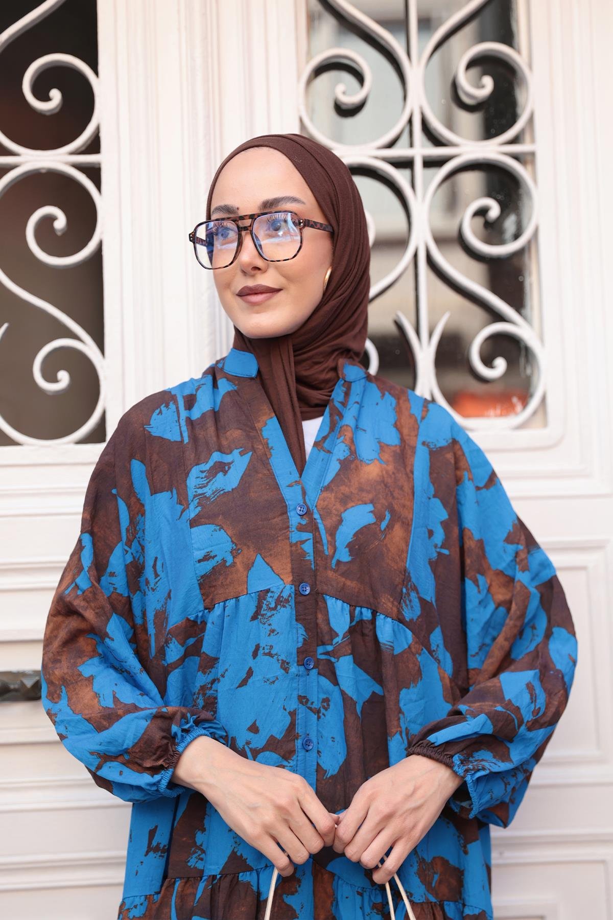 Karışık Yaprak Desen Elbise Mavi