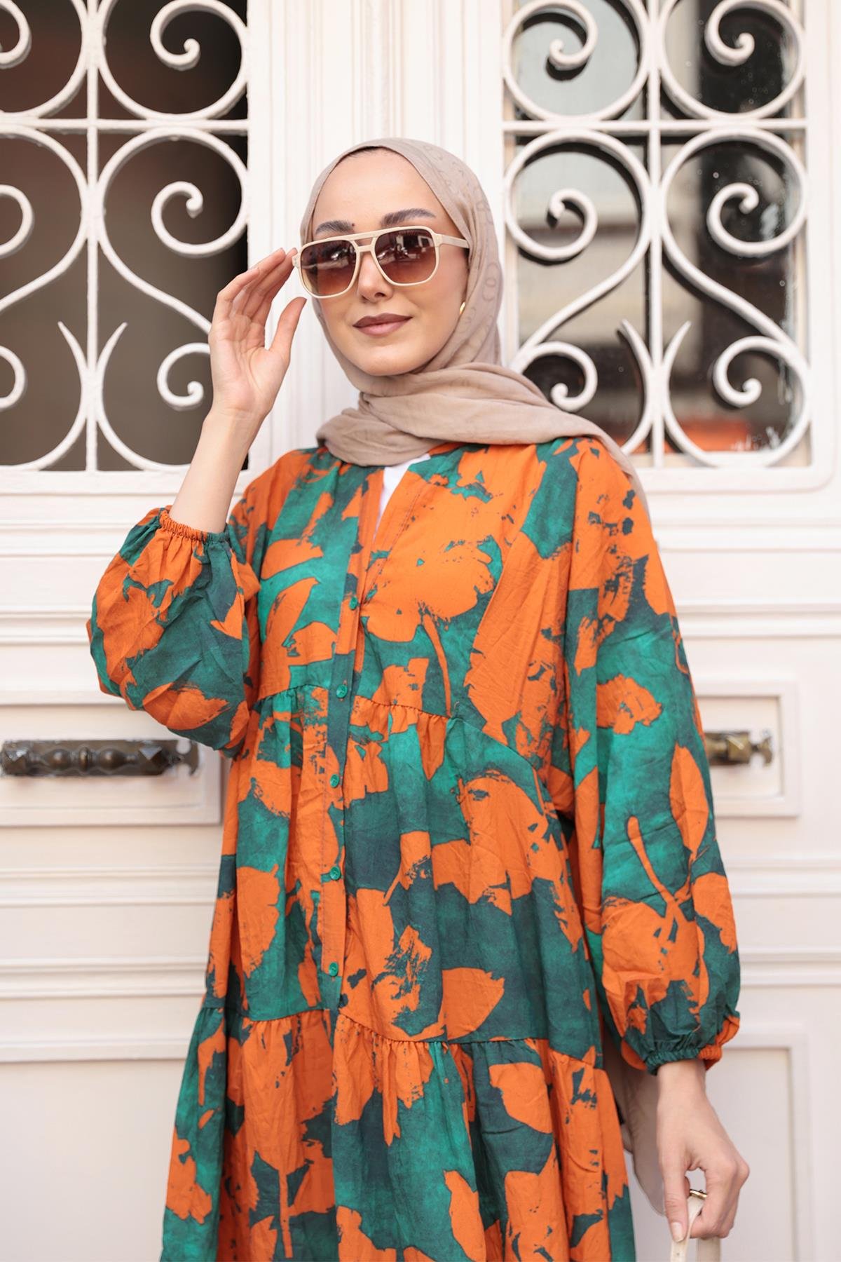 Karışık Yaprak Desen Elbise Turuncu