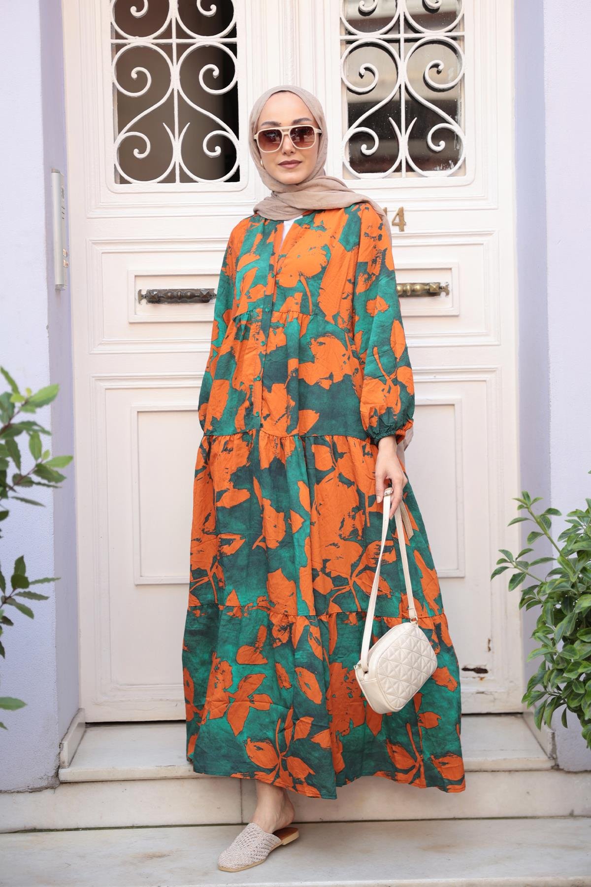 Karışık Yaprak Desen Elbise Turuncu