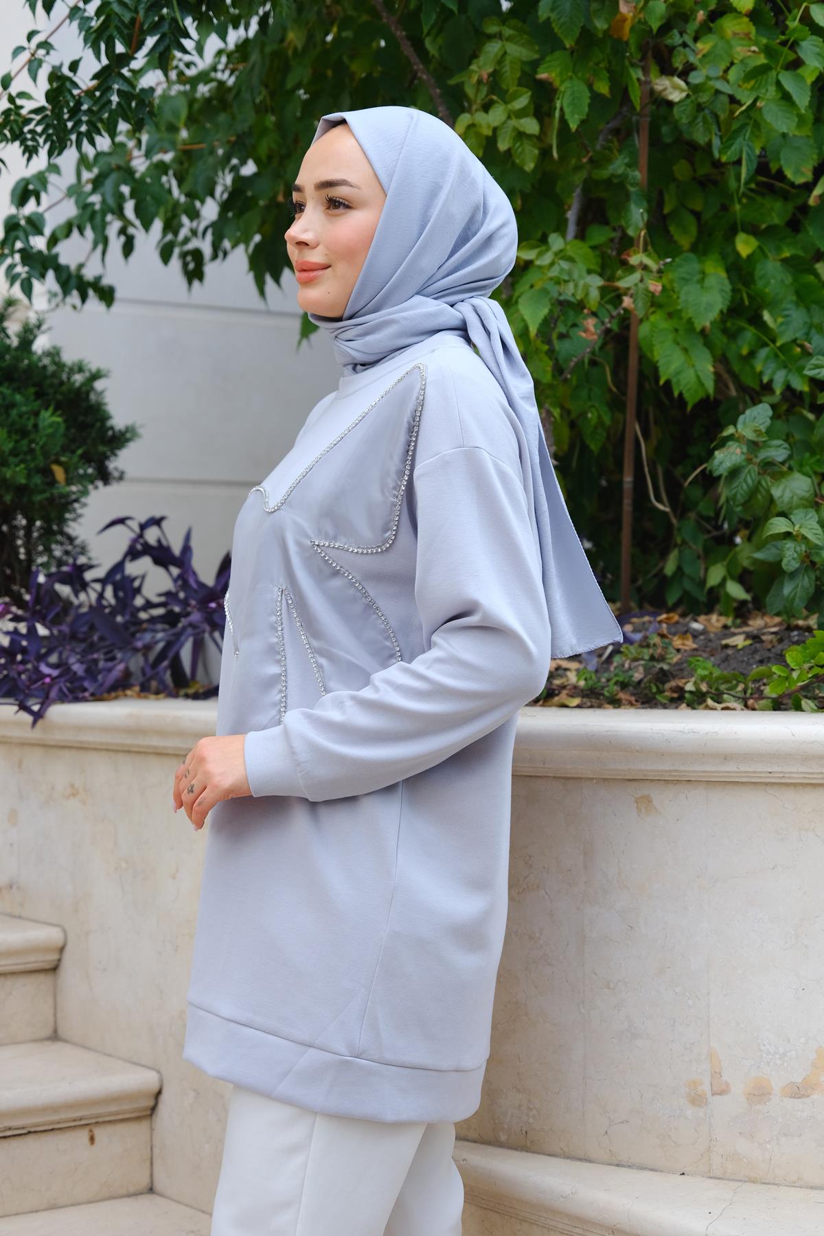 Kelebek Detaylı Tunik Gri