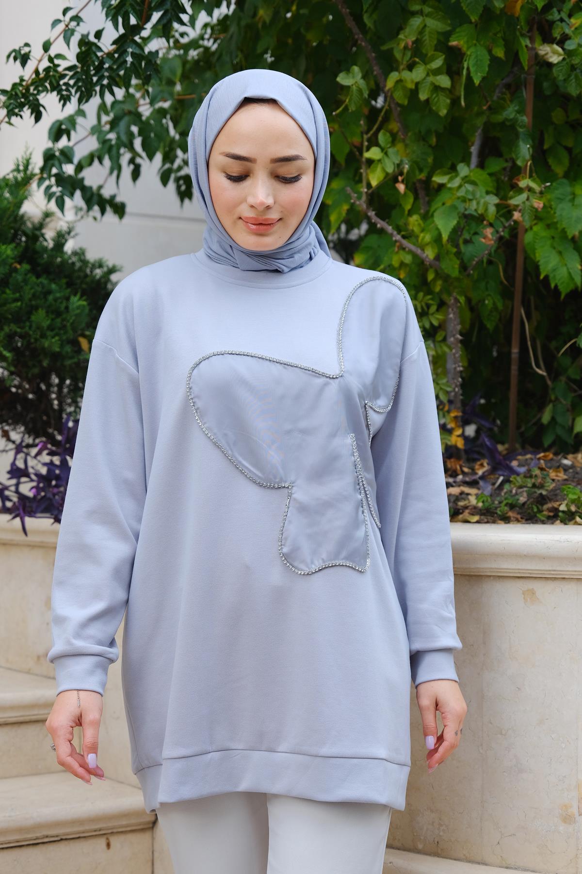 Kelebek Detaylı Tunik Gri